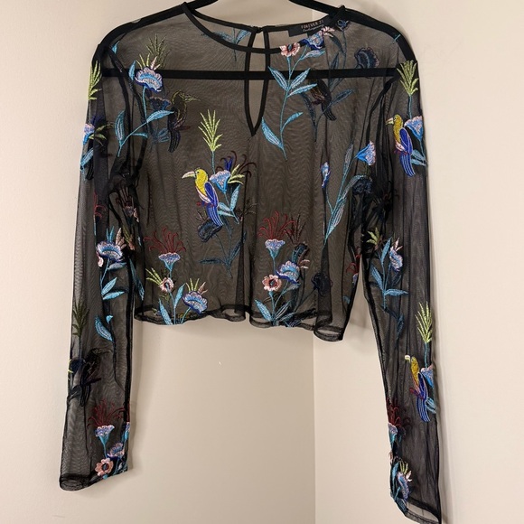 Forever 21 Black Sheer Tropical Floral Tuscan Embroidered Mesh Top | Tulle Shirt - Picture 3 of 5